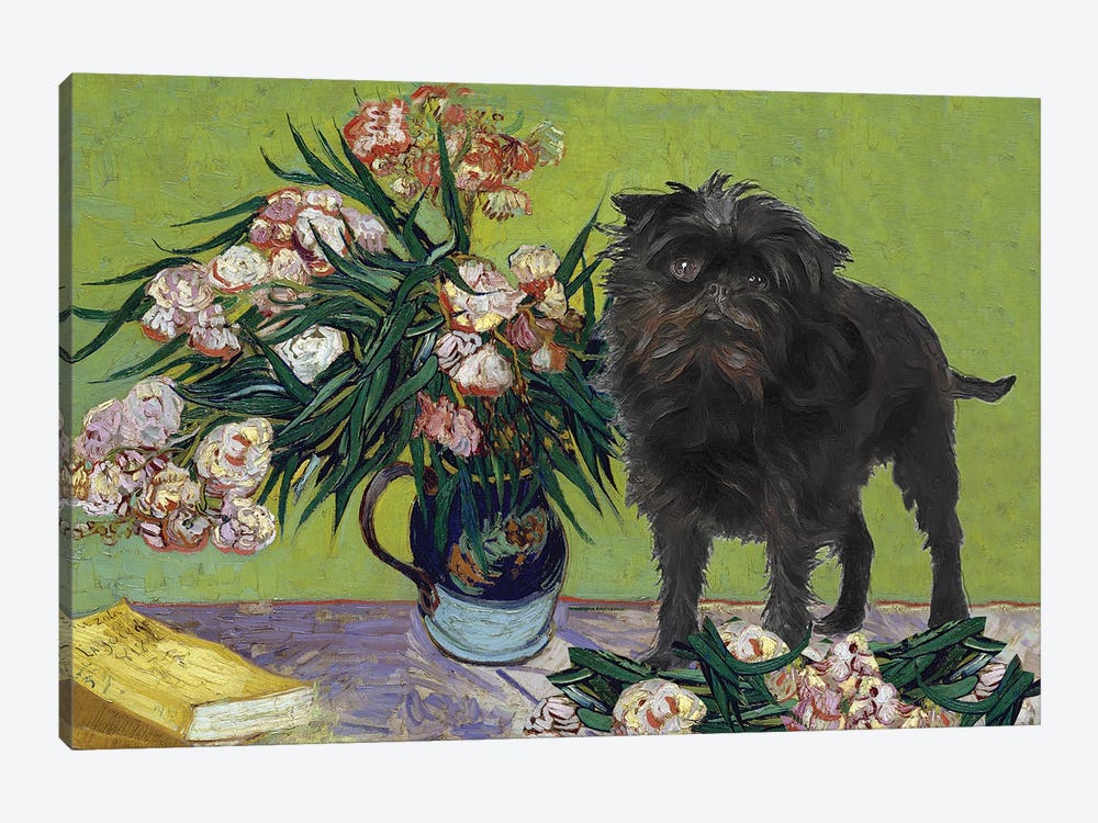 Affenpinscher Vase With Oleanders And Books by Nobility Dogs 1-piece Canvas Art
