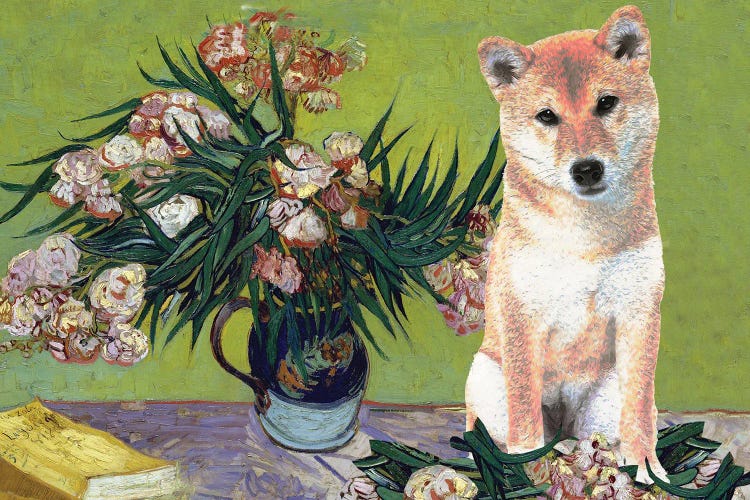 Shiba Inu Vase With Oleanders And Books