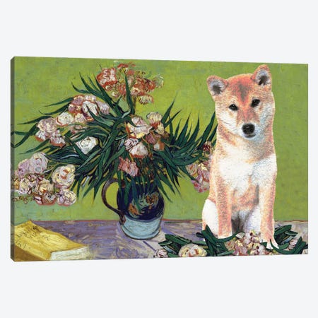 Shiba Inu Vase With Oleanders And Books Canvas Print #NDG907} by Nobility Dogs Canvas Art