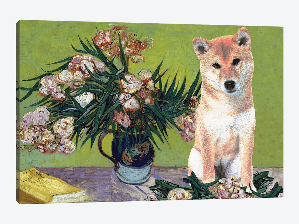 Shiba Inu Vase With Oleanders And Books by Nobility Dogs 1-piece Canvas Print