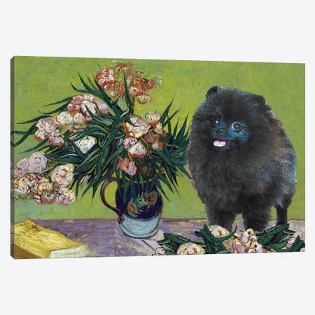 Pomeranian Vase With Oleanders And Books Canvas Print #NDG939} by Nobility Dogs Canvas Art