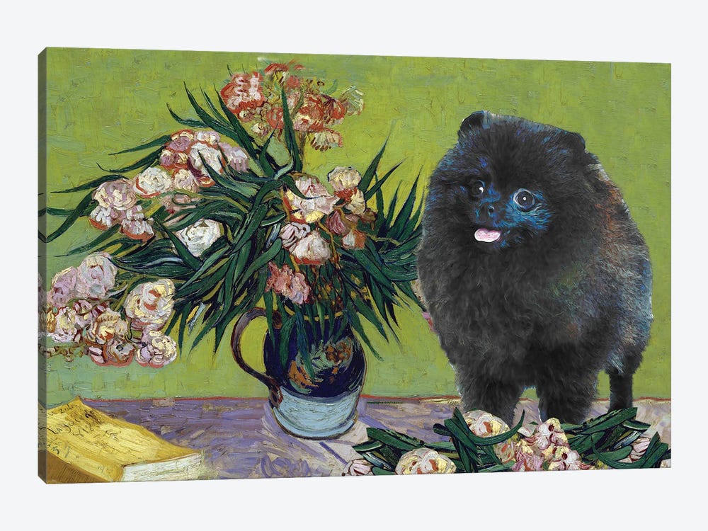 Pomeranian Vase With Oleanders And Books by Nobility Dogs 1-piece Canvas Art