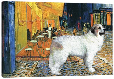 Great Pyrenees Cafe Terrace At Night Canvas Art Print - Pupsterpieces