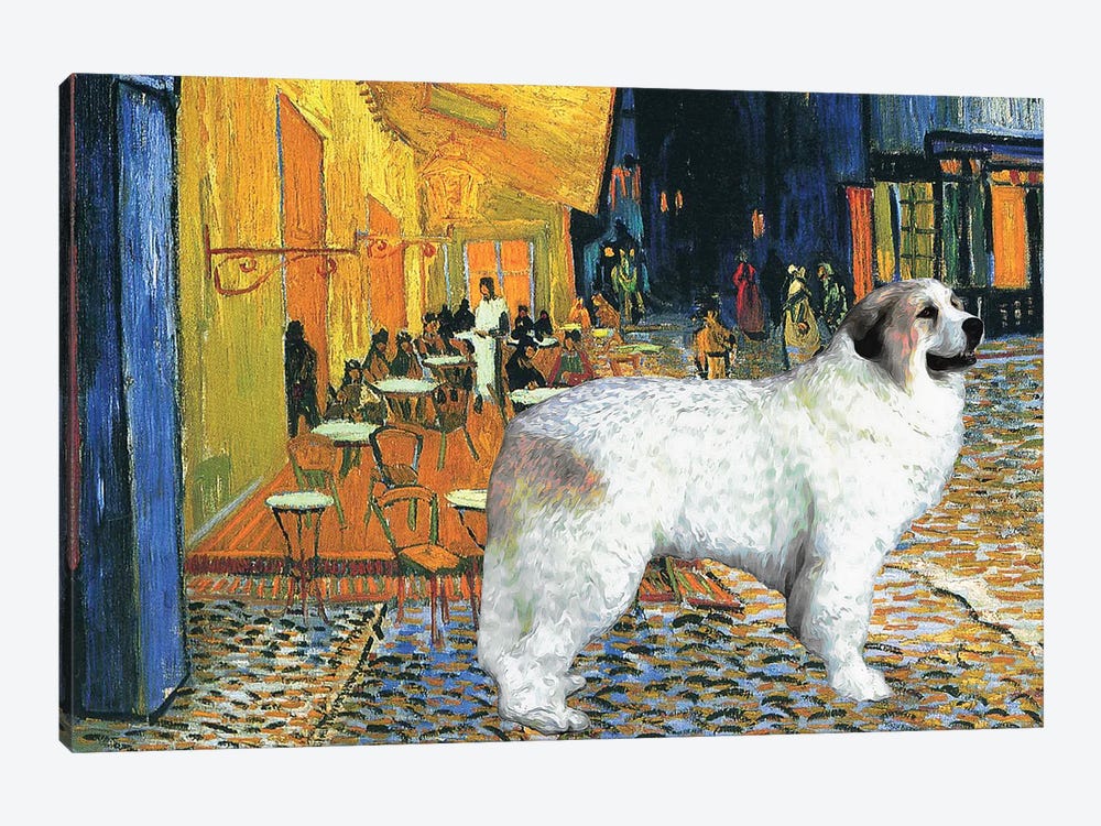 Great Pyrenees Cafe Terrace At Night by Nobility Dogs 1-piece Canvas Artwork