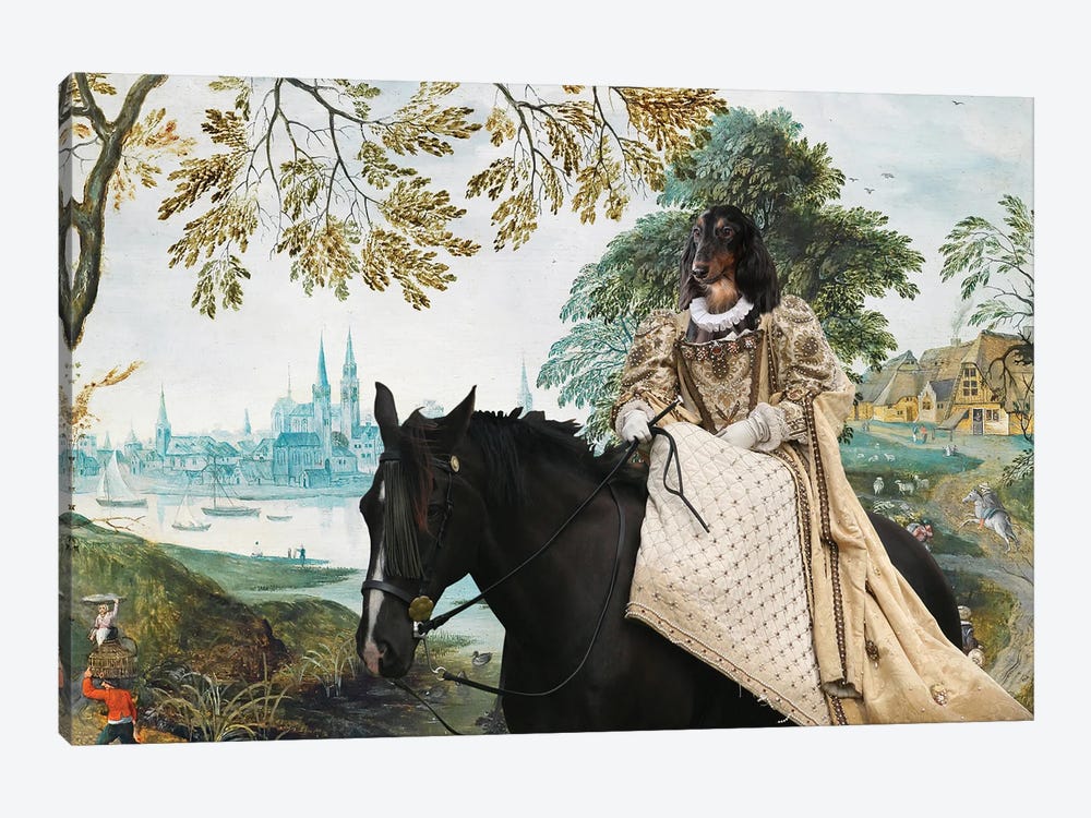 Longhaired Dachshund Landscape With Castle by Nobility Dogs 1-piece Canvas Art Print
