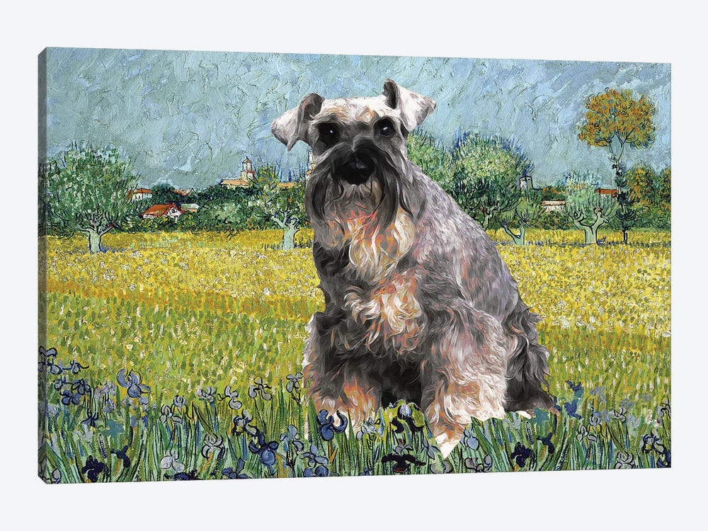 Schnauzer View Of Arles With Irises by Nobility Dogs 1-piece Canvas Art