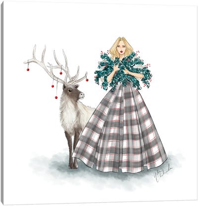 Holiday Plaid Dress Canvas Art Print - Reindeer Art