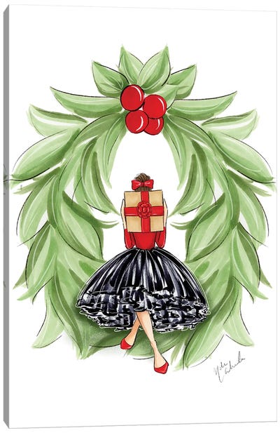 Christmas Wreath Girl Canvas Art Print - Seasonal Glam
