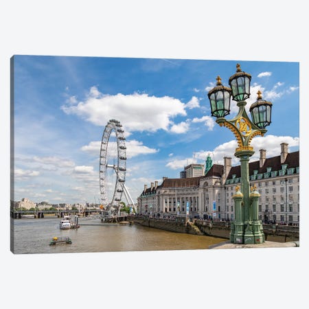 The London Eye and iconic British lamppost in London, England. Canvas Print #NDS10} by Michele Niles Art Print
