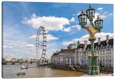 The London Eye and iconic British lamppost in London, England. Canvas Art Print - Amusement Park Art