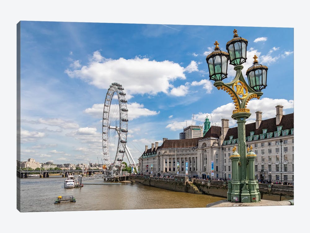The London Eye and iconic British lamppost in London, England. by Michele Niles 1-piece Art Print