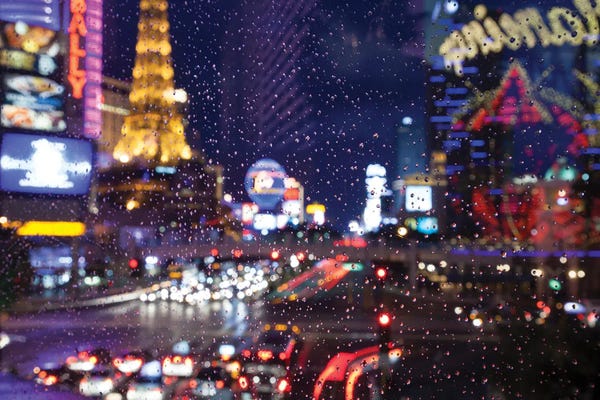 Michele Niles: The Strip with Paris at Las Vegas main strip lights at night. by Michele Niles