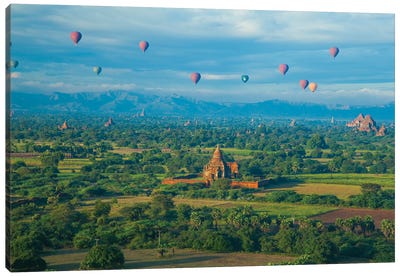 Hot air balloons, morning view of the temples of Bagan, Myanmar. Canvas Art Print - Old Bagan