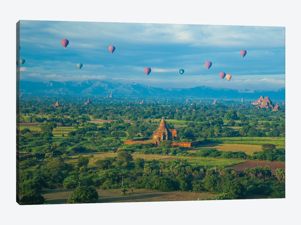Hot air balloons, morning view of the temples of Bagan, Myanmar. by Michele Niles 1-piece Art Print