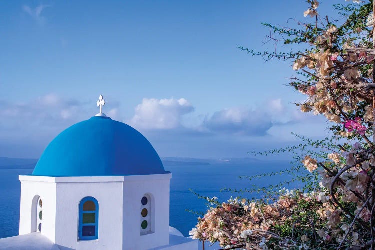 Blue domed Greek Orthodox church with bougainvillea flowers in Oia, Santorini, Greece.