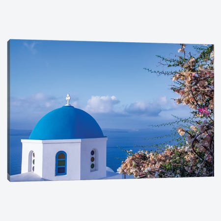 Blue domed Greek Orthodox church with bougainvillea flowers in Oia, Santorini, Greece. Canvas Print #NDS9} by Michele Niles Canvas Artwork