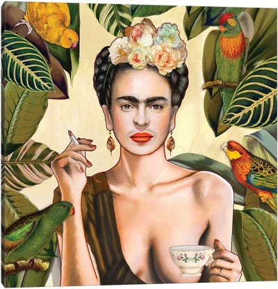 Frida Con Amigos Mexican Canvas Art Print - Tropical Leaf Art