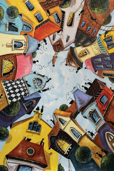 Multicolored Houses In The City Of Cats by Natalia Grinchenko art print