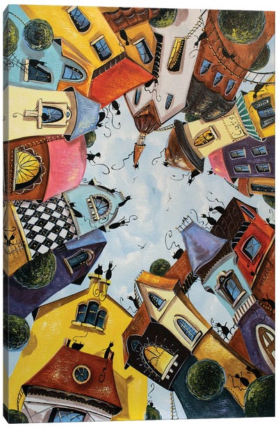 Multicolored Houses In The City Of Cats Canvas Art Print - Natalia Grinchenko
