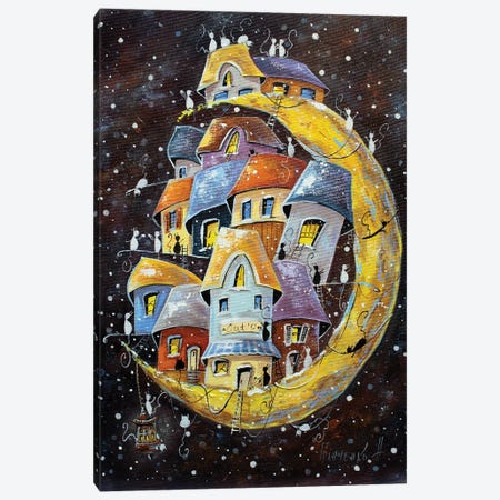 Snow Adventures In The Lunar City Of Cats Canvas Print #NGR104} by Natalia Grinchenko Canvas Art Print
