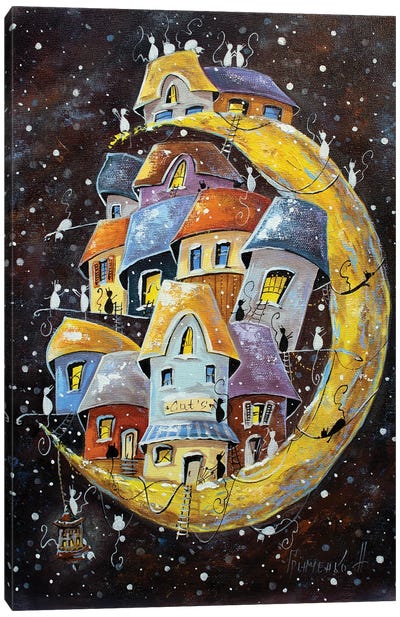 Snow Adventures In The Lunar City Of Cats Canvas Art Print - Natalia Grinchenko