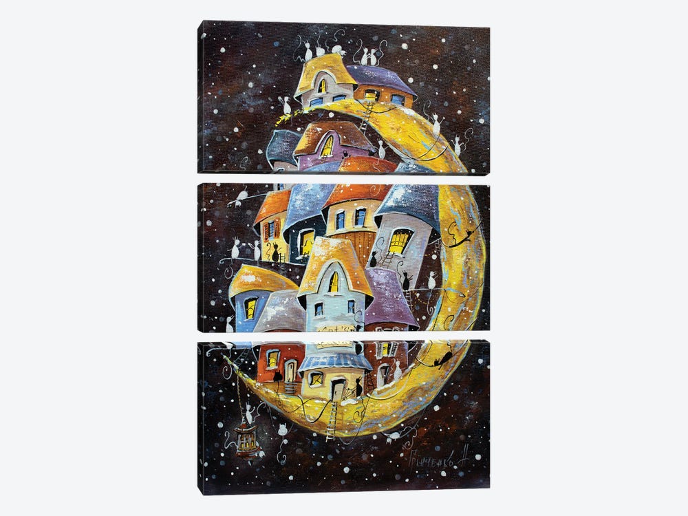 Snow Adventures In The Lunar City Of Cats by Natalia Grinchenko 3-piece Art Print
