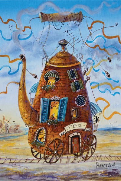 Cozy Teapot Rushes On The Railway by Natalia Grinchenko art print