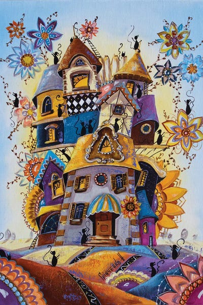 Natalia Grinchenko: Fantasy Town Of Cats In Magical Flowers by Natalia Grinchenko