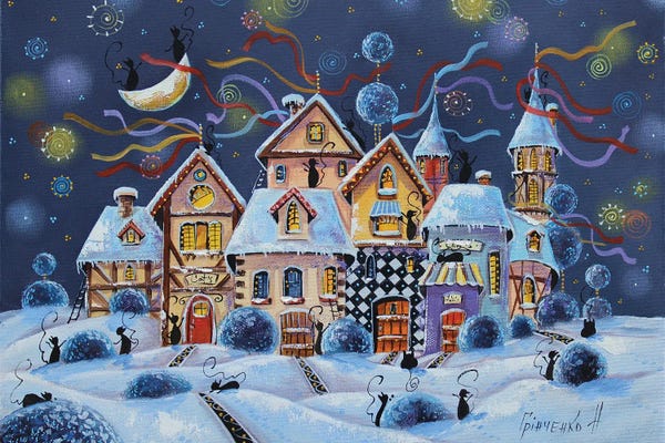 Fine Art Print: Christmas Extravaganza In The Winter City Of Cats by Natalia Grinchenko