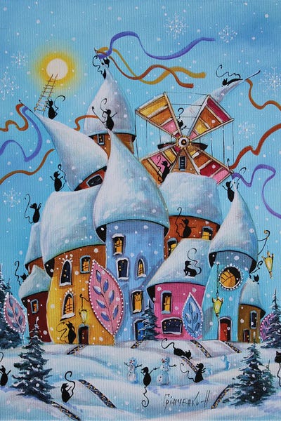 Fine Art Print: Fun Games With Snowmen In Cat City by Natalia Grinchenko