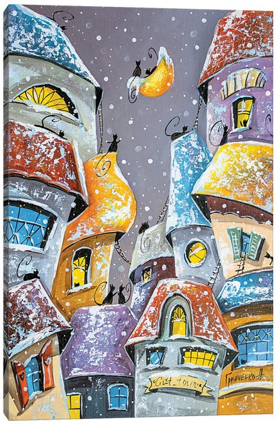 Winter Fun In The City Of Cats Canvas Art Print - Natalia Grinchenko