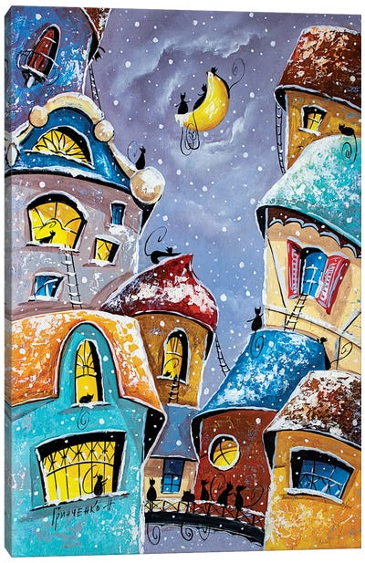 Winter Night In The City Of Cats Canvas Art Print - Natalia Grinchenko