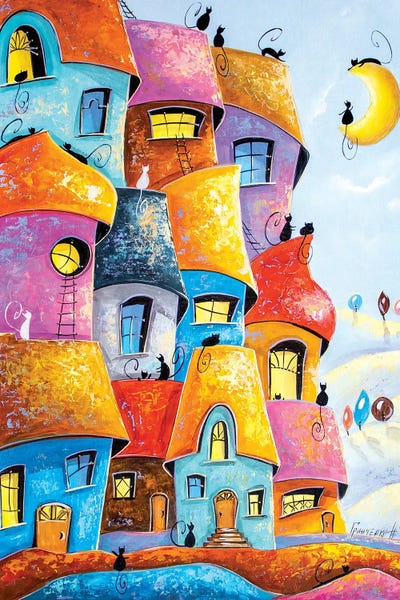 City of cats in the moonlight by Natalia Grinchenko art print