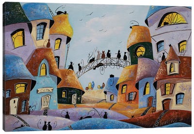 Meeting Guests In The City Of Cats Canvas Art Print - Natalia Grinchenko