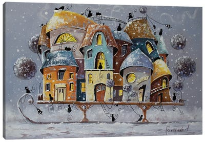 Winter Adventure City Of Cats Canvas Art Print - Natalia Grinchenko