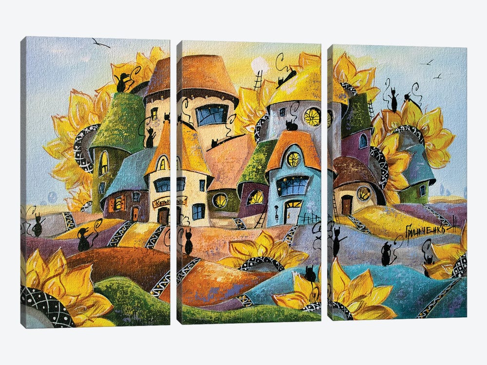 City Of Cats In Sunflowers by Natalia Grinchenko 3-piece Art Print