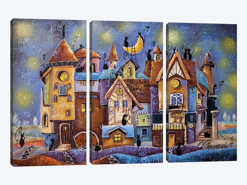 Songs Of The Golden Moon In The City by Natalia Grinchenko 3-piece Canvas Art