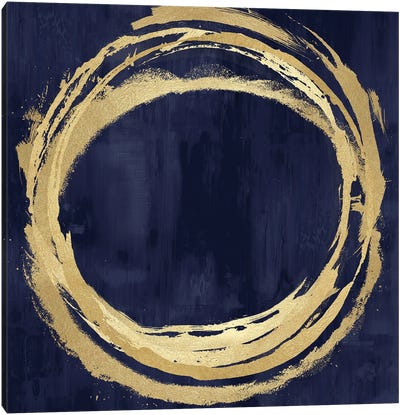 Circle Gold On Blue II Canvas Art Print - Circular Abstract Art