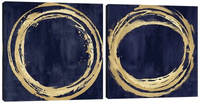 Circle Gold On Blue Diptych Canvas Art Print