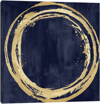 Circle Gold On Blue I Canvas Art Print - Circular Abstract Art