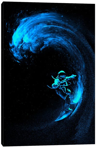 Space Surfing Blue Wave Canvas Art Print - Cyberpunk Art