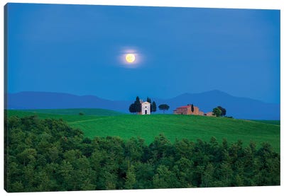 Moon Over Vitaleta, Tuscany, Italy Canvas Art Print - Village & Town Art