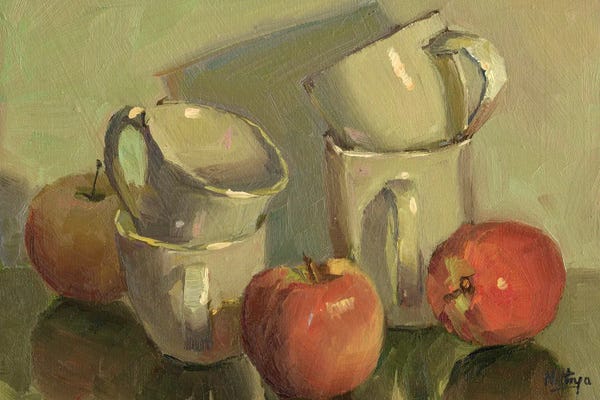 Pottery Still Life: Apples And Cups by Nithya Swaminathan