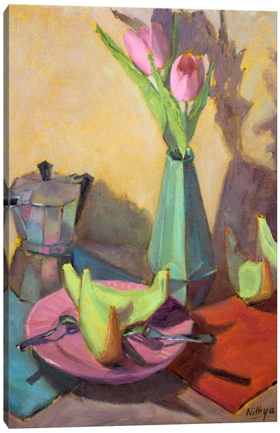 Melon Slices And Tulips Canvas Art Print - Ombres et Lumières