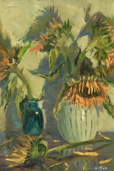 Pottery Still Life: A Splash Of Yellow I - Sunflower Series by Nithya Swaminathan