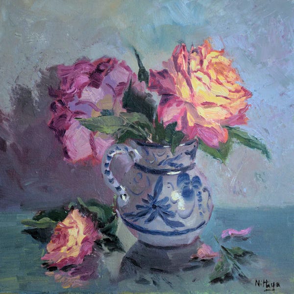 Pottery Still Life: Roses In Ceramic Jar by Nithya Swaminathan
