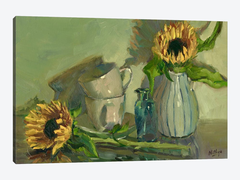 A Splash Of Yellow - Sunflowers And Cups by Nithya Swaminathan 1-piece Canvas Wall Art
