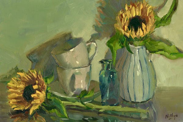 Fine Art Print: A Splash Of Yellow - Sunflowers And Cups by Nithya Swaminathan