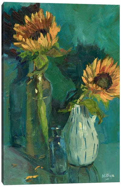 Sunflowers On Blue Canvas Art Print - Nithya Swaminathan