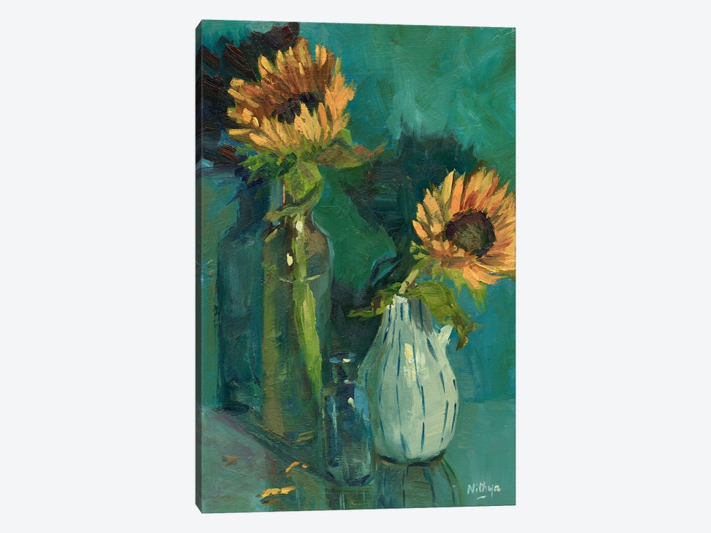 Sunflowers On Blue by Nithya Swaminathan 1-piece Canvas Art Print